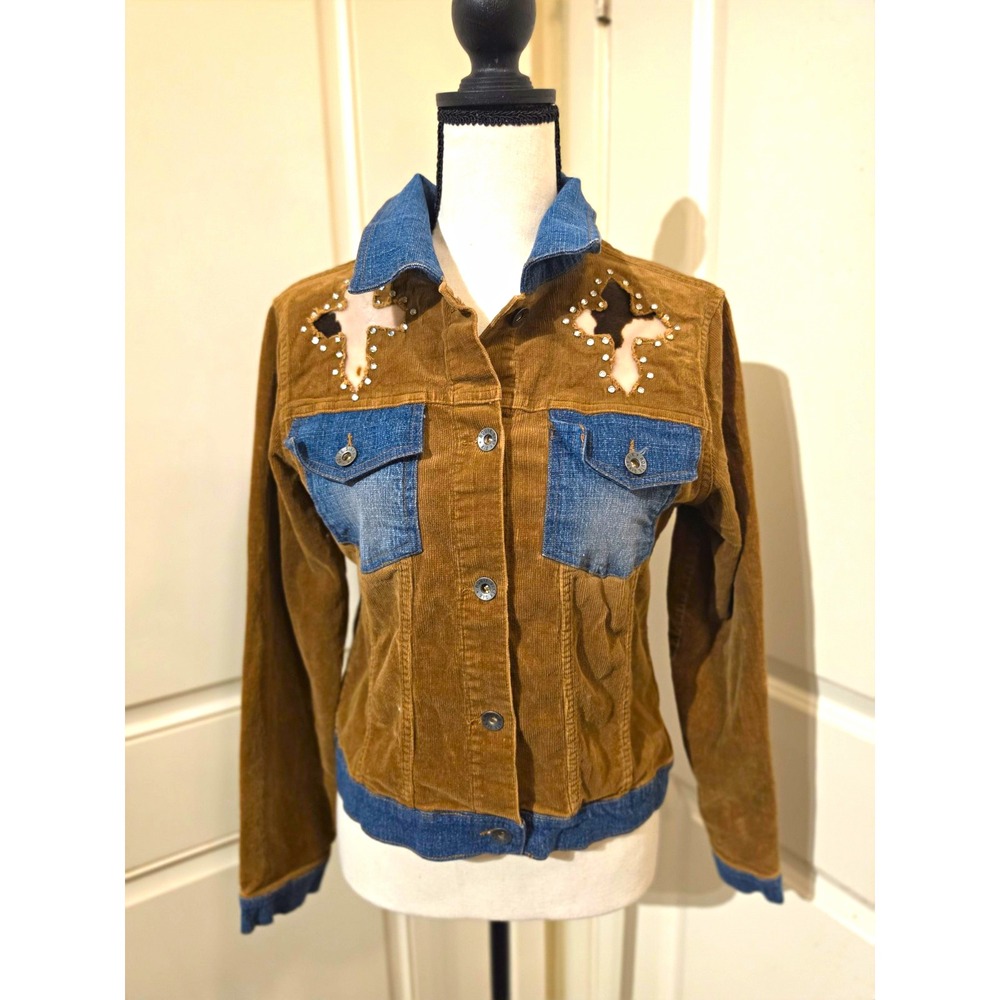 Route 66 Womens M Brown/Blue Colorblock Western Jacket Button Front Studded